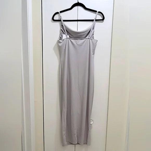 S O L D Gray Cowl Neck Ruched Spaghetti Strap Midi Dress size XL - Picture 4 of 12